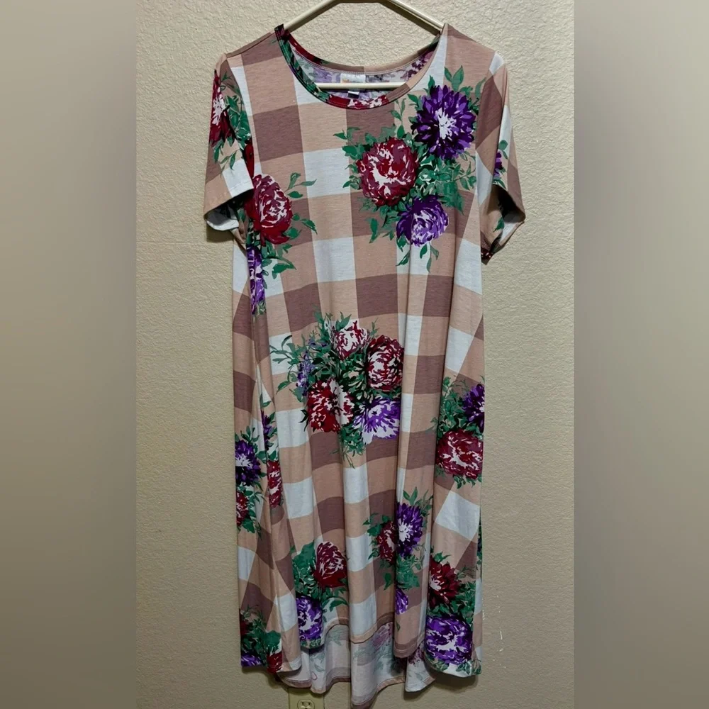 LuLaRoe Floral Checkered Carly Dress - Brown, Purple, Green Sz L - Picture 1 of 10